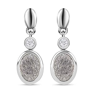 Meteorite and White Zircon Dangling 4.50 ctw Earrings in Rhodium Over Sterling Silver
