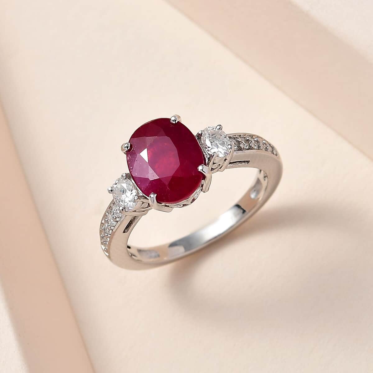 Niassa Ruby (FF) and Moissanite Ring in Platinum Over Sterling Silver (Size 10.0) 4.20 ctw image number 1