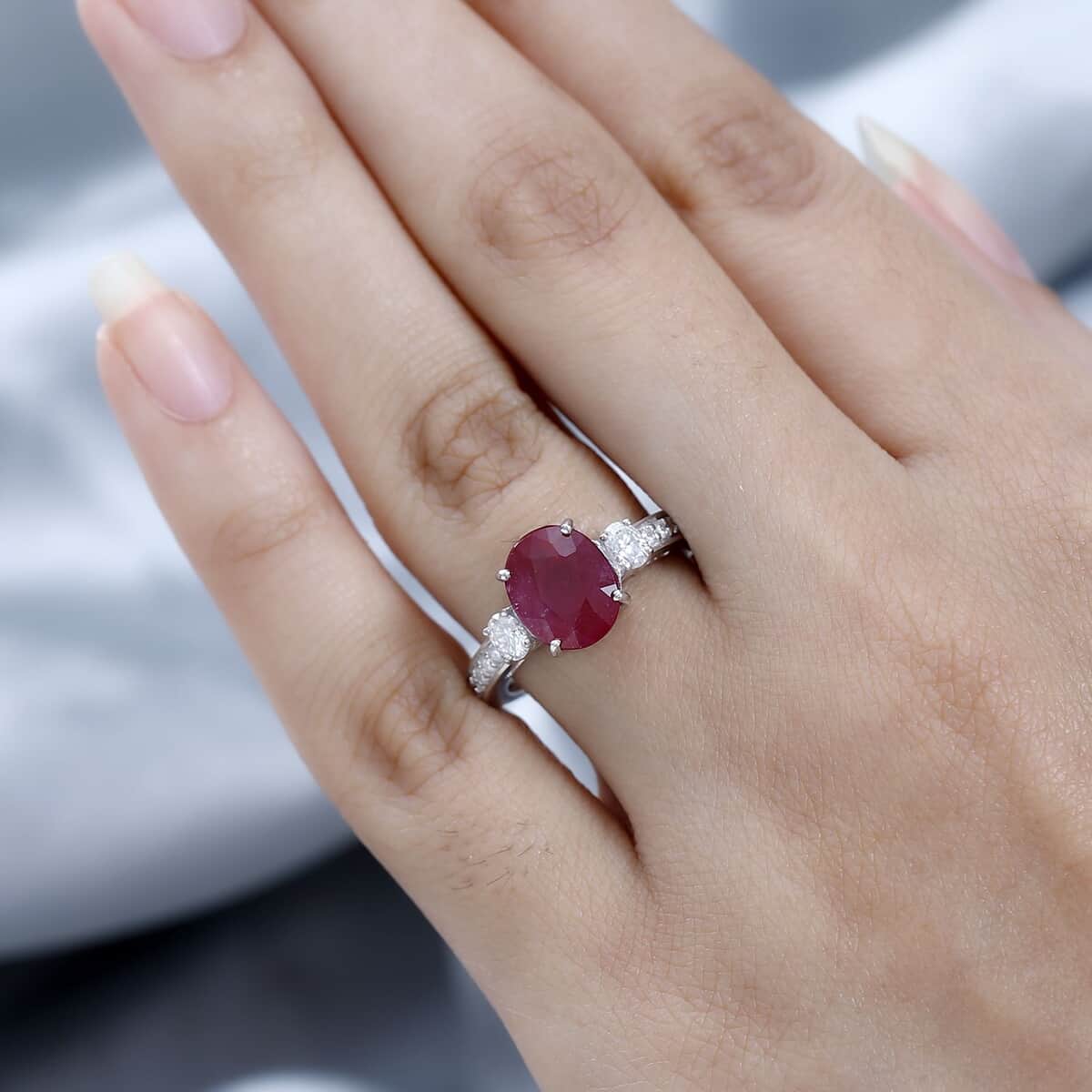 Niassa Ruby (FF) and Moissanite Ring in Platinum Over Sterling Silver (Size 10.0) 4.20 ctw image number 2