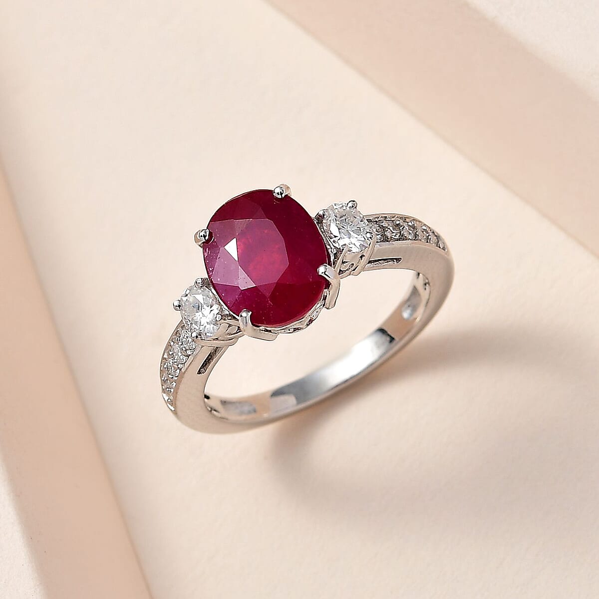 Niassa Ruby (FF) and Moissanite Ring in Platinum Over Sterling Silver (Size 11.0) 4.20 ctw image number 1