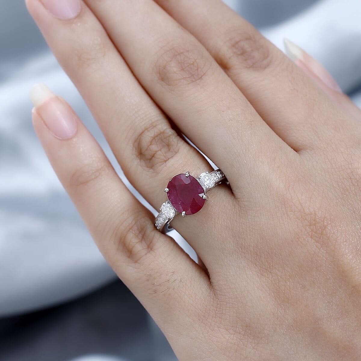 Niassa Ruby (FF) and Moissanite Ring in Platinum Over Sterling Silver (Size 11.0) 4.20 ctw image number 2