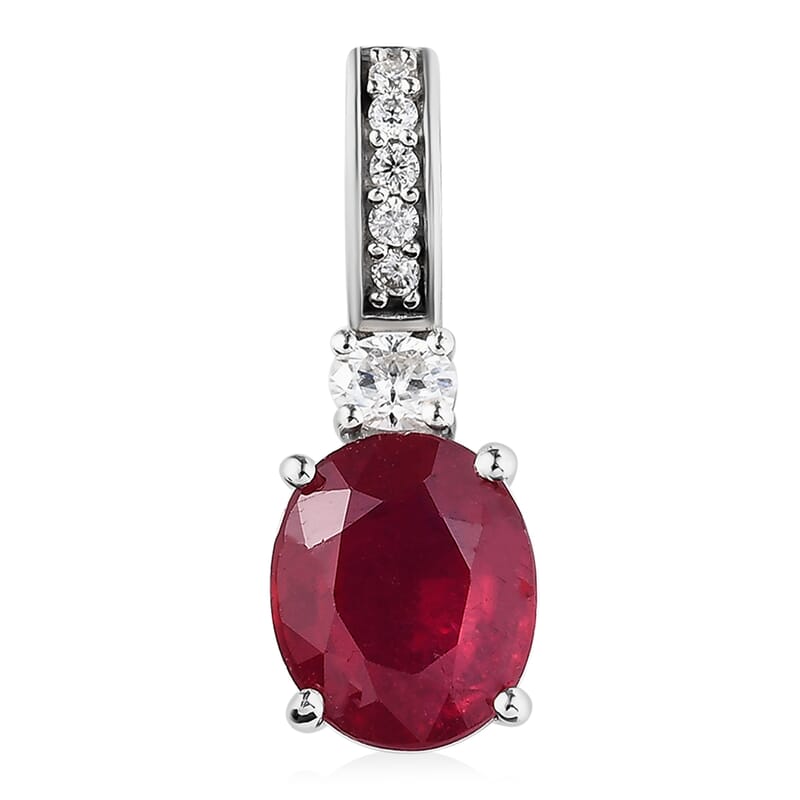 Niassa Ruby (FF) and Moissanite Pendant in Platinum Over Sterling Silver 3.85 ctw