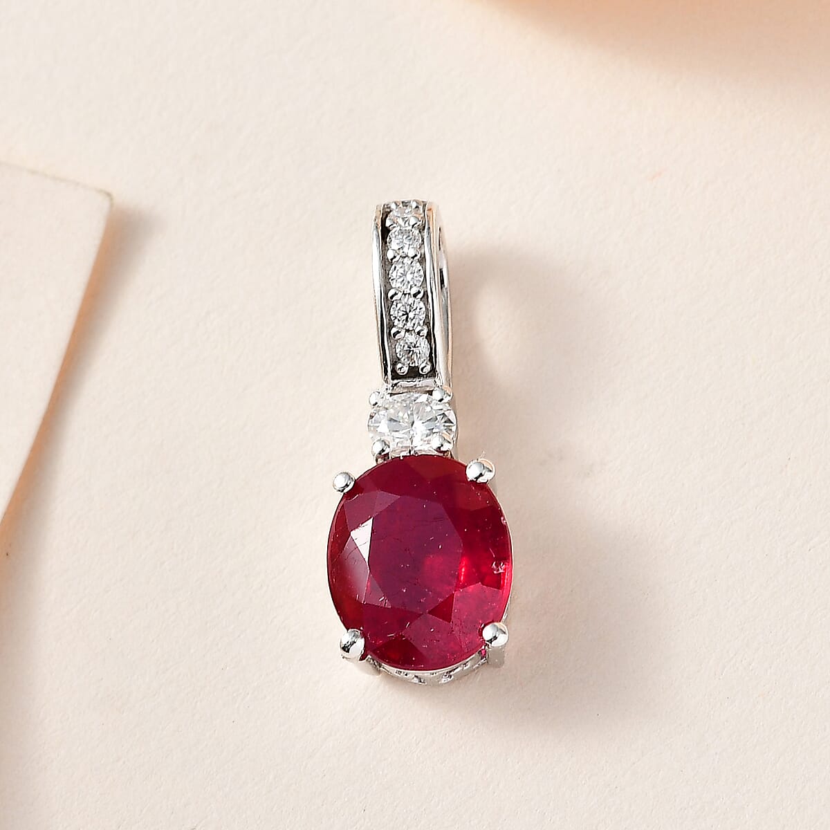 Niassa Ruby (FF) and Moissanite Pendant in Platinum Over Sterling Silver 3.85 ctw image number 1