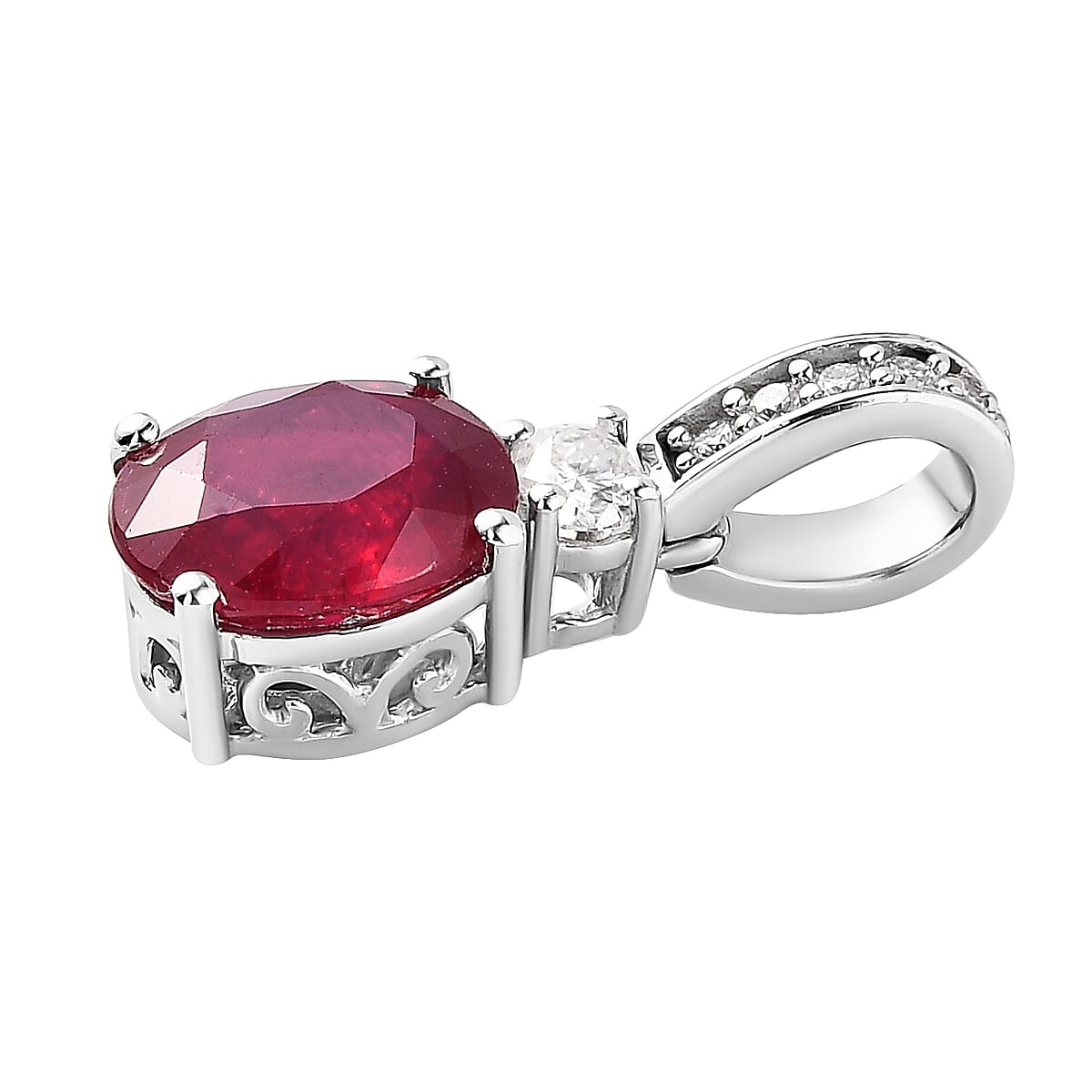 Niassa Ruby (FF) and Moissanite Pendant in Platinum Over Sterling Silver 3.85 ctw image number 3