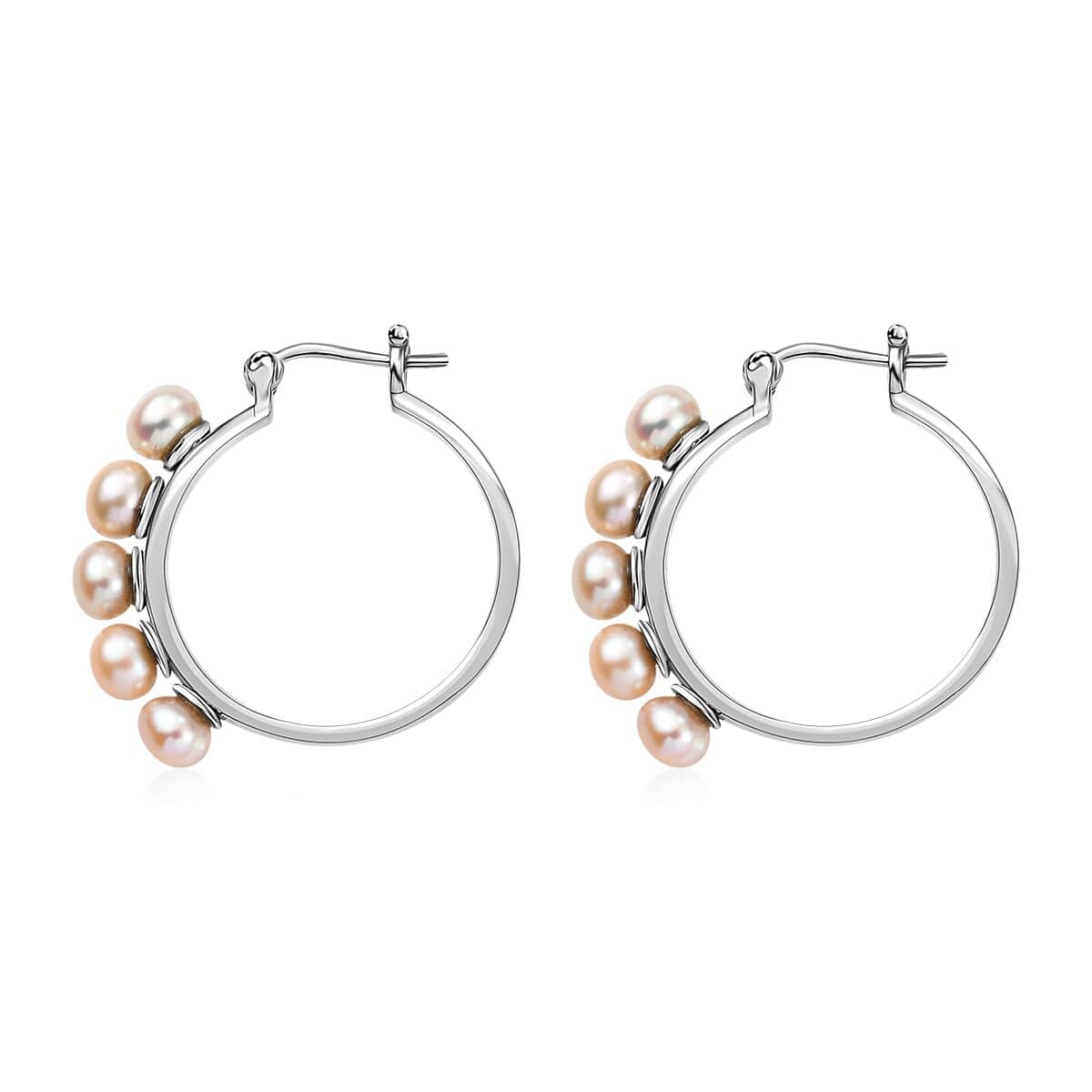 Peach Freshwater Pearl Hoop Earrings in Stainless Steel image number 3