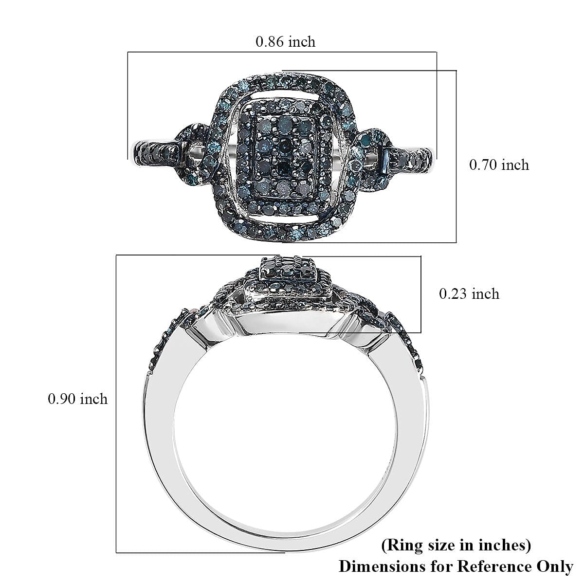 Blue Diamond Cluster Ring in Platinum Over Sterling Silver (Size 10.0) 0.50 ctw