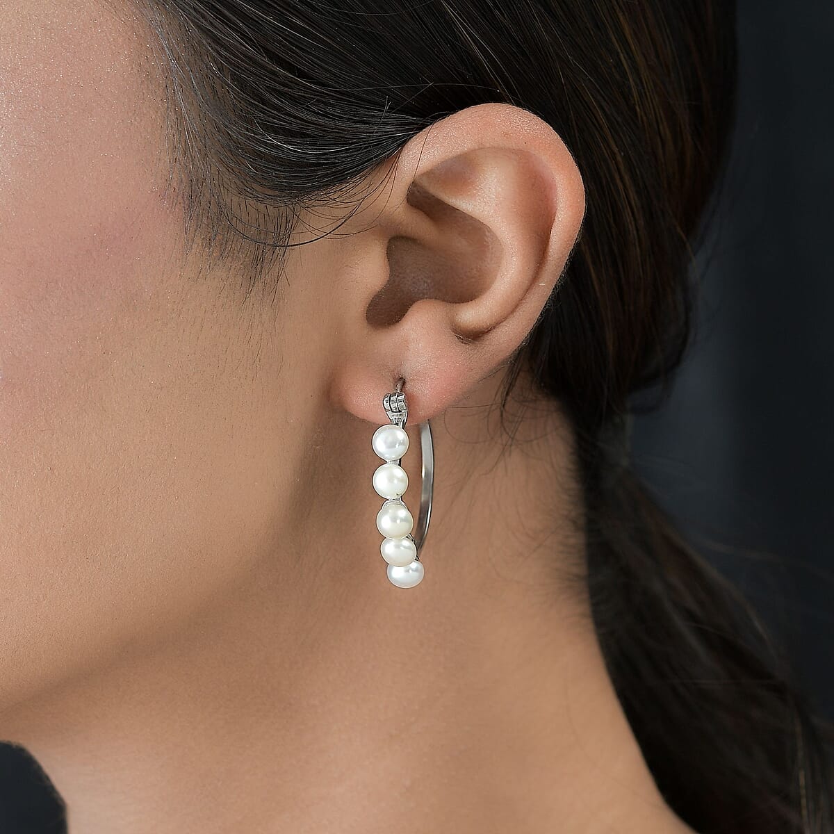 White Freshwater Pearl Hoop Earrings in Stainless Steel image number 2