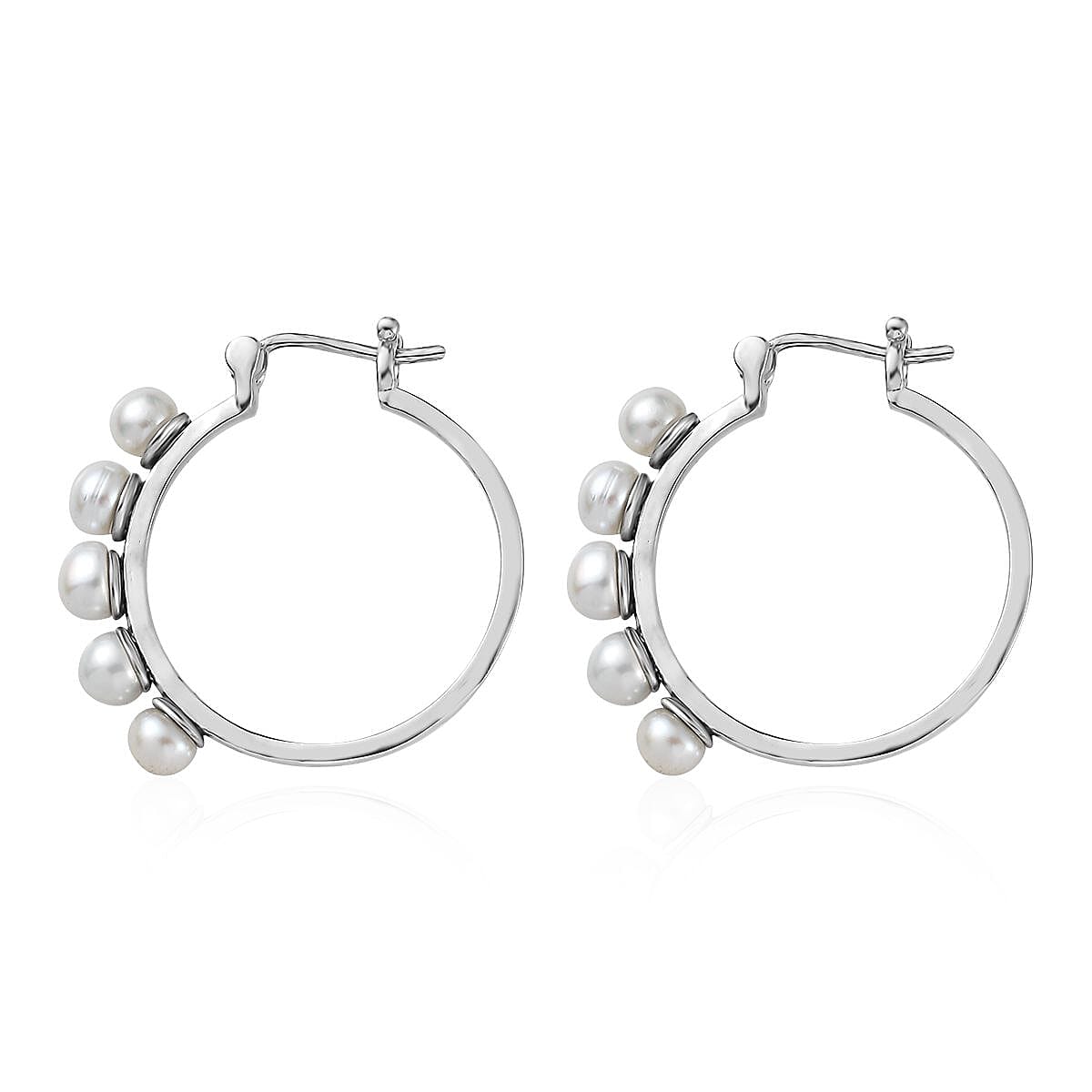White Freshwater Pearl Hoop Earrings in Stainless Steel image number 3
