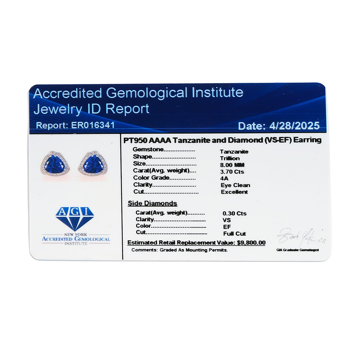 Certified & Appraised Rhapsody 950 Platinum AAAA Tanzanite and E-F VS Diamond Stud Earrings 4.75 Grams 4.00 ctw image number 6