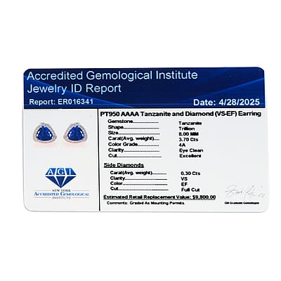 Certified & Appraised Rhapsody 950 Platinum AAAA Tanzanite and E-F VS Diamond Stud Earrings 4.75 Grams 4.00 ctw