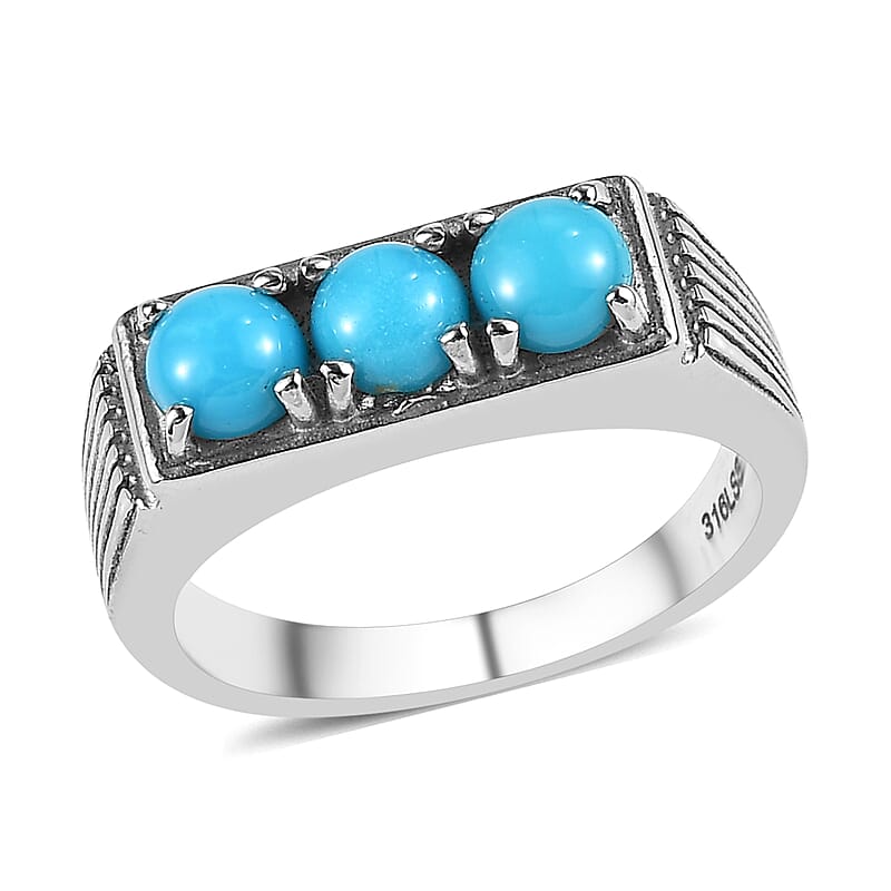 Value Buy Sleeping Beauty Turquoise 3 Stone Men's Ring in Stainless Steel (Size 10.0) 1.50 ctw