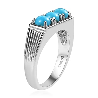 Value Buy Sleeping Beauty Turquoise 3 Stone Men's Ring in Stainless Steel (Size 10.0) 1.50 ctw