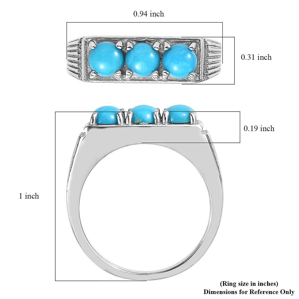 Value Buy Sleeping Beauty Turquoise 3 Stone Men's Ring in Stainless Steel (Size 10.0) 1.50 ctw