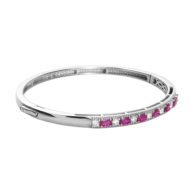 Premium Montepuez Ruby and Moissanite Bangle Bracelet in Platinum Over Sterling Silver (7.25 In) 2.35 ctw