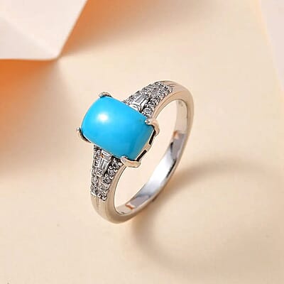 Premium Sleeping Beauty Turquoise and Moissanite Ring in Platinum Over Sterling Silver (Size 5.0) 1.60 ctw