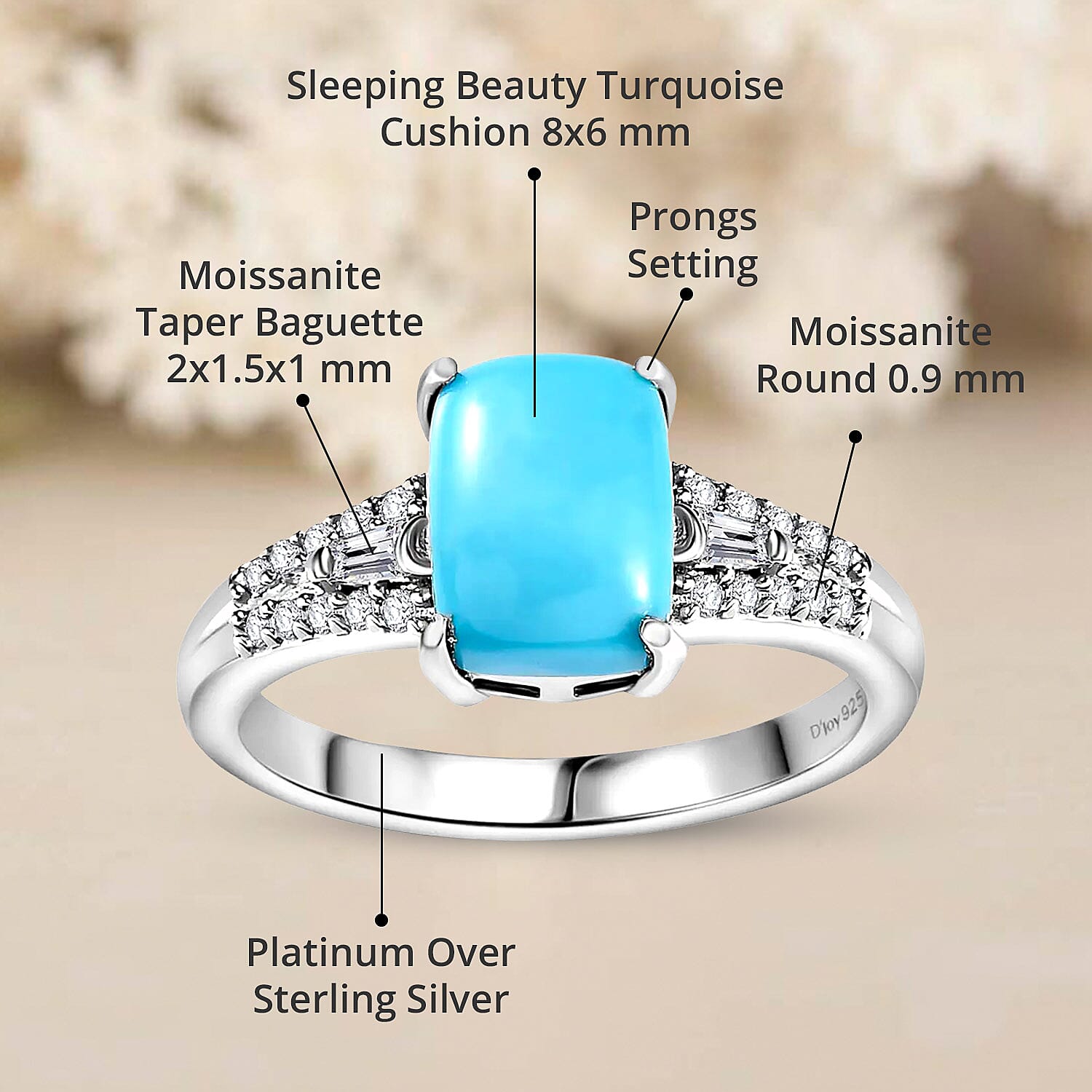 Premium Sleeping Beauty Turquoise and Moissanite Ring in Platinum Over Sterling Silver (Size 5.0) 1.60 ctw