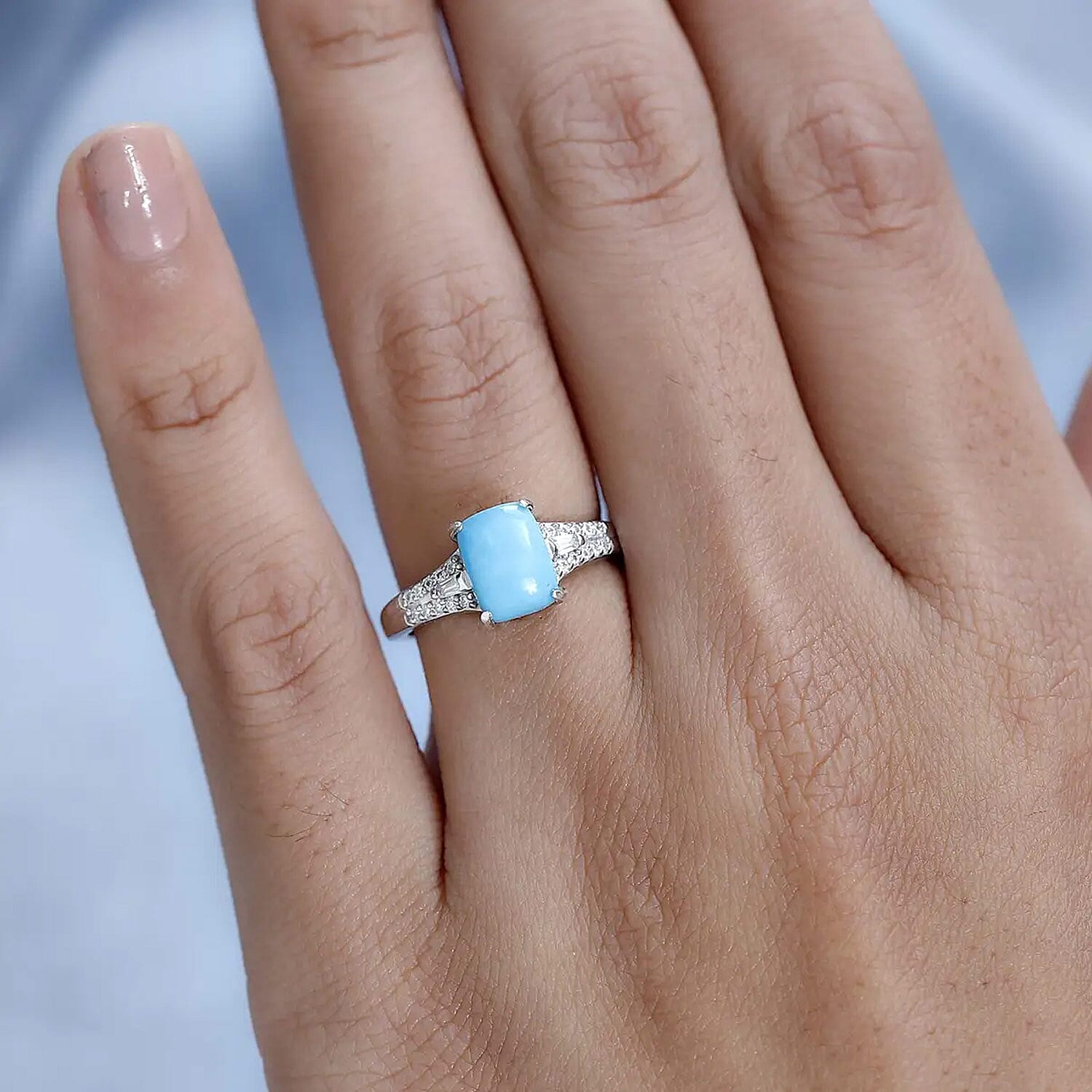 Premium Sleeping Beauty Turquoise and Moissanite Ring in Platinum Over Sterling Silver (Size 5.0) 1.60 ctw