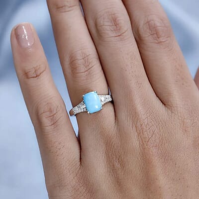 Premium Sleeping Beauty Turquoise and Moissanite Ring in Platinum Over Sterling Silver (Size 5.0) 1.60 ctw