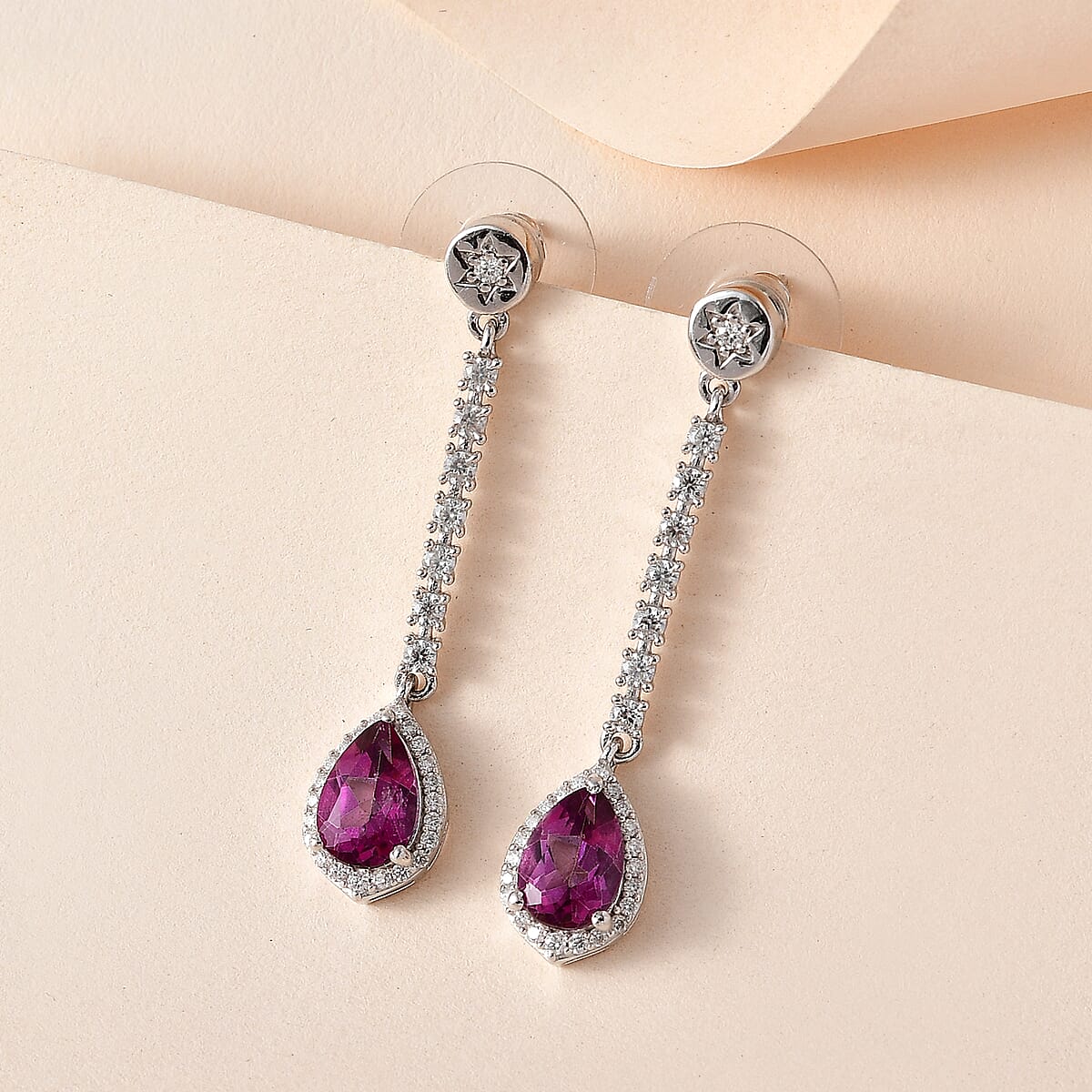 Pure Pink Mystic Topaz, Moissanite Dangling Earrings in Platinum Over Sterling Silver 4.25 ctw image number 1