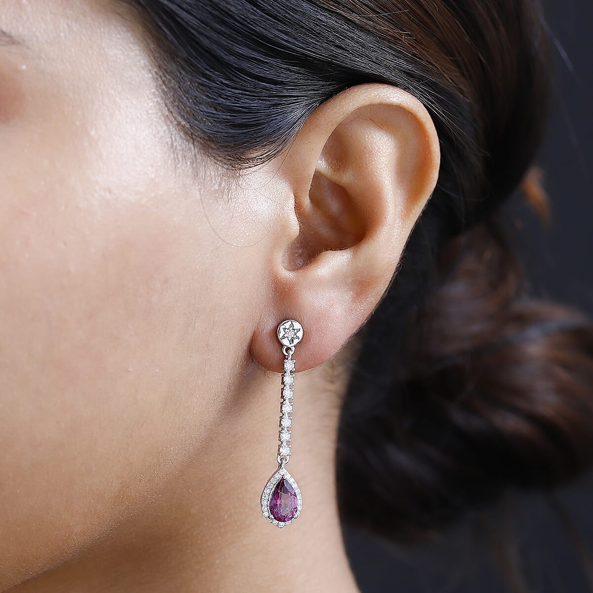 Pure Pink Mystic Topaz, Moissanite Dangling Earrings in Platinum Over Sterling Silver 4.25 ctw image number 2