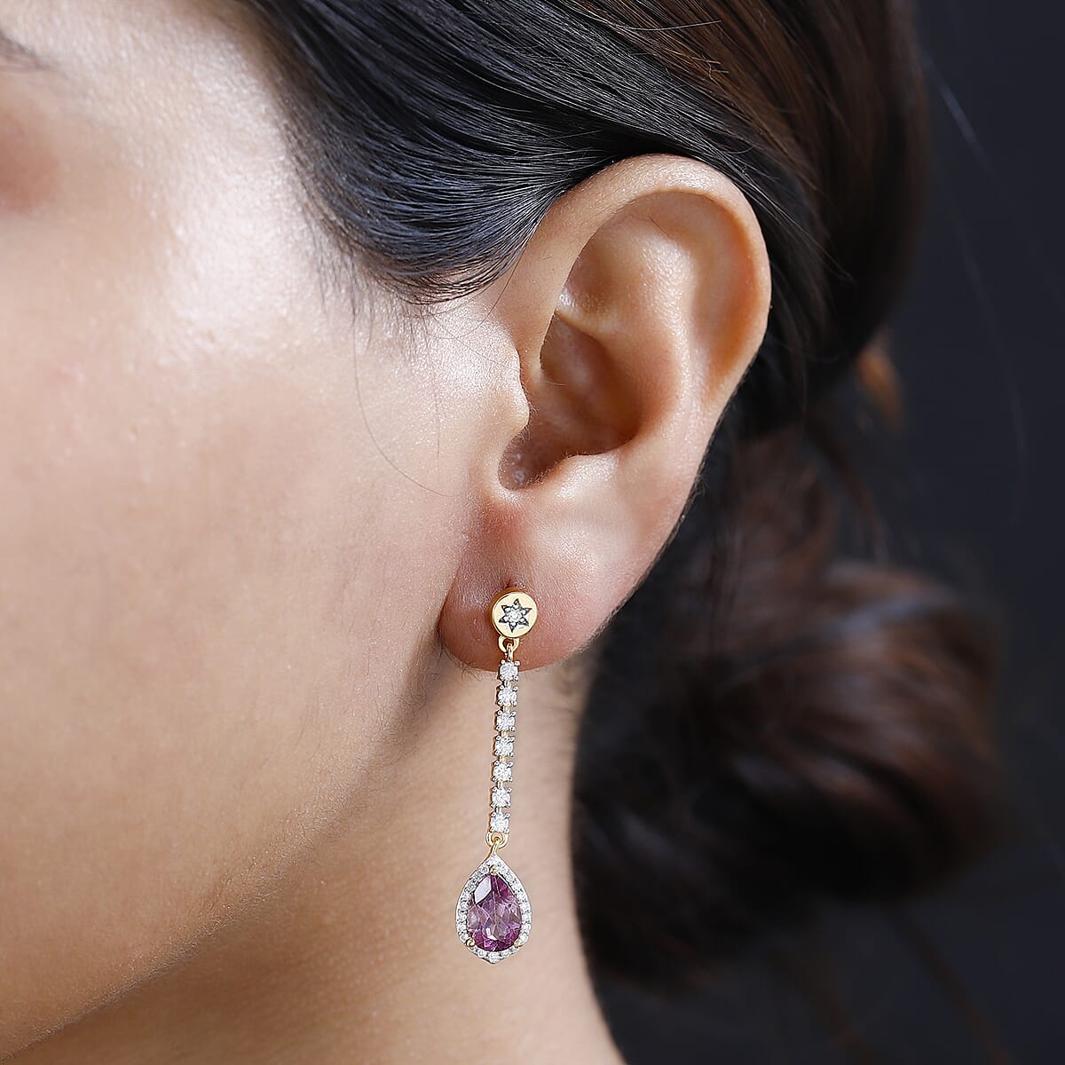 Pure Pink Mystic Topaz and Moissanite Celestial Drop Earrings in Vermeil Yellow Gold Over Sterling Silver 4.25 ctw image number 2