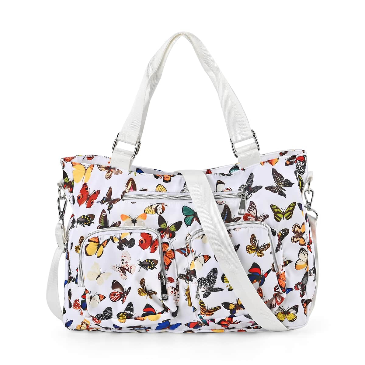 White and Multi Butterfly Pattern CrossBody Bag (14.6"x3.9"x10.6") with Handle Drop and Shoulder Strap (50.8") image number 0