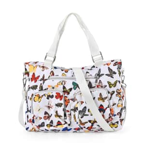 White and Multi Butterfly Pattern CrossBody Bag For Women with Handle Drop Zipper Closure and Detachable Adjustable Shoulder Strap (14.6x3.9x10.6)