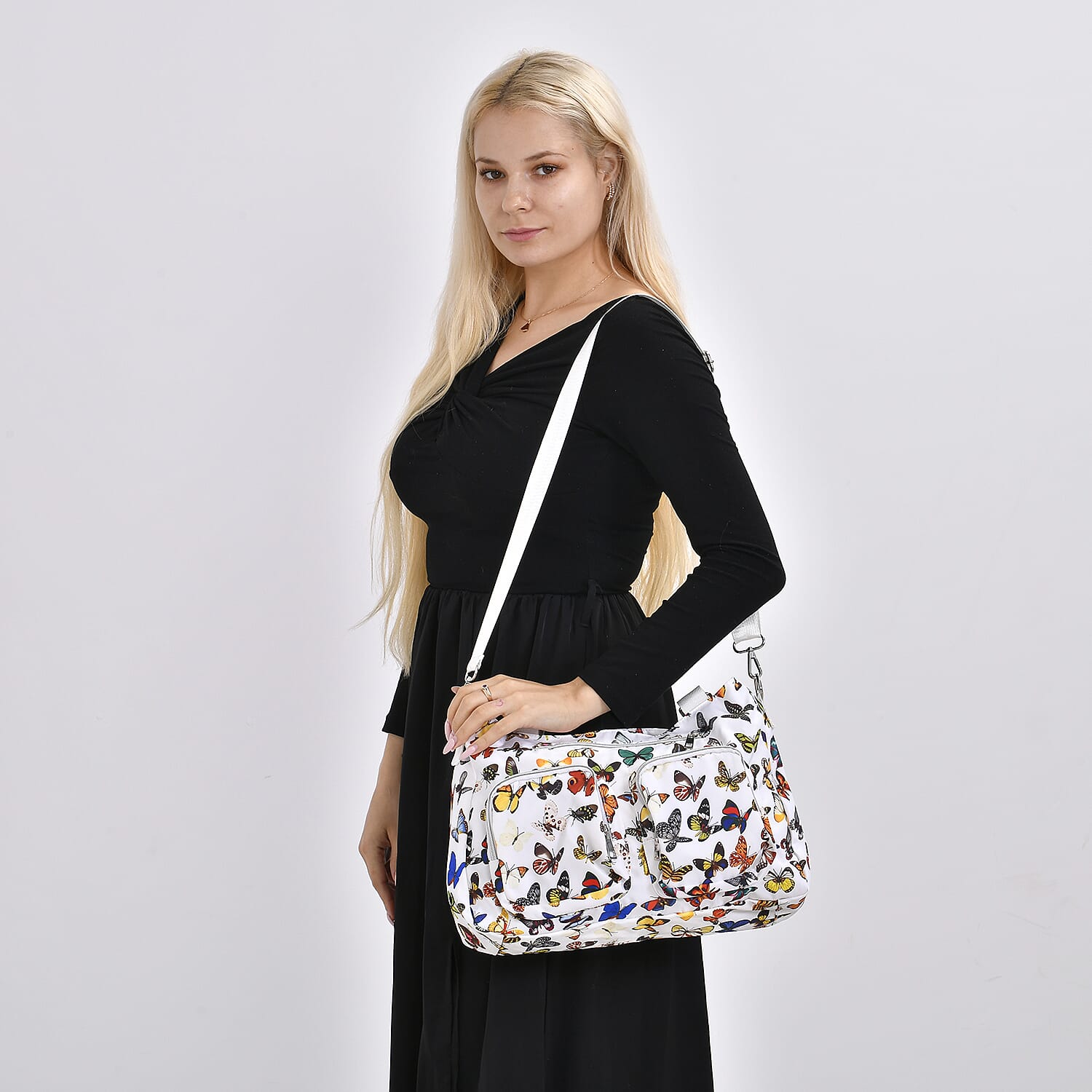 White and Multi Butterfly Pattern CrossBody Bag For Women with Handle Drop Zipper Closure and Detachable Adjustable Shoulder Strap (14.6x3.9x10.6)