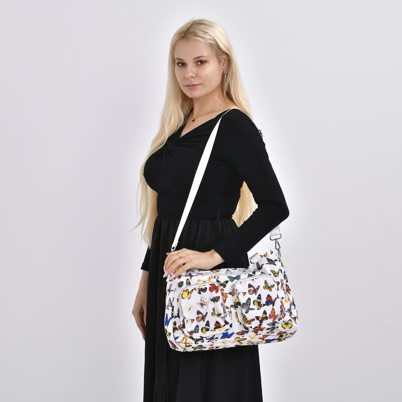 White and Multi Butterfly Pattern CrossBody Bag For Women with Handle Drop Zipper Closure and Detachable Adjustable Shoulder Strap (14.6x3.9x10.6)