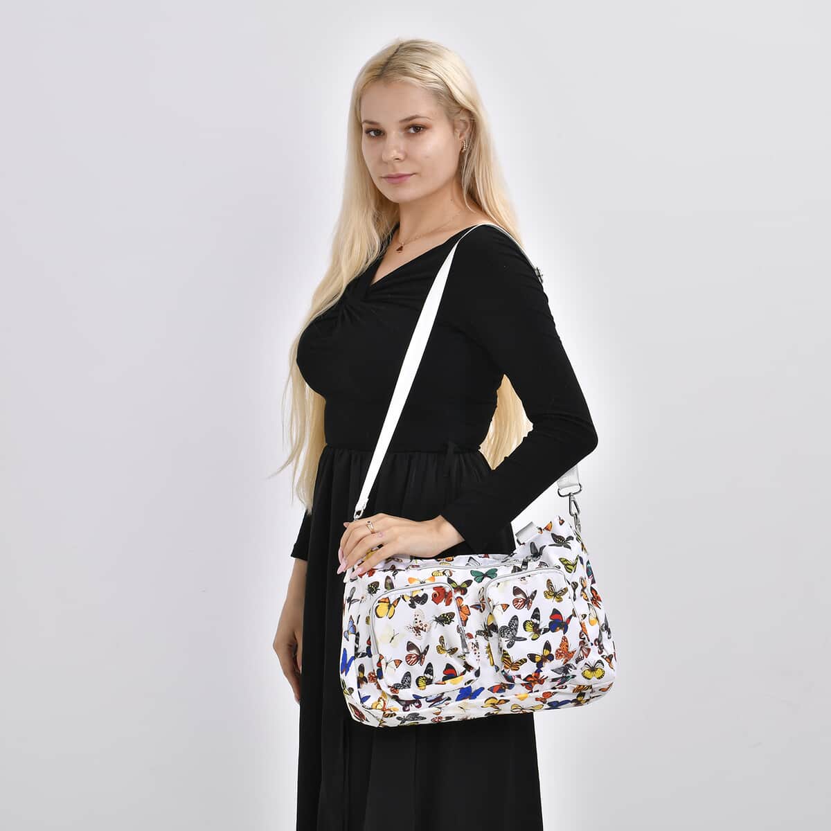 White and Multi Butterfly Pattern CrossBody Bag (14.6"x3.9"x10.6") with Handle Drop and Shoulder Strap (50.8") image number 1