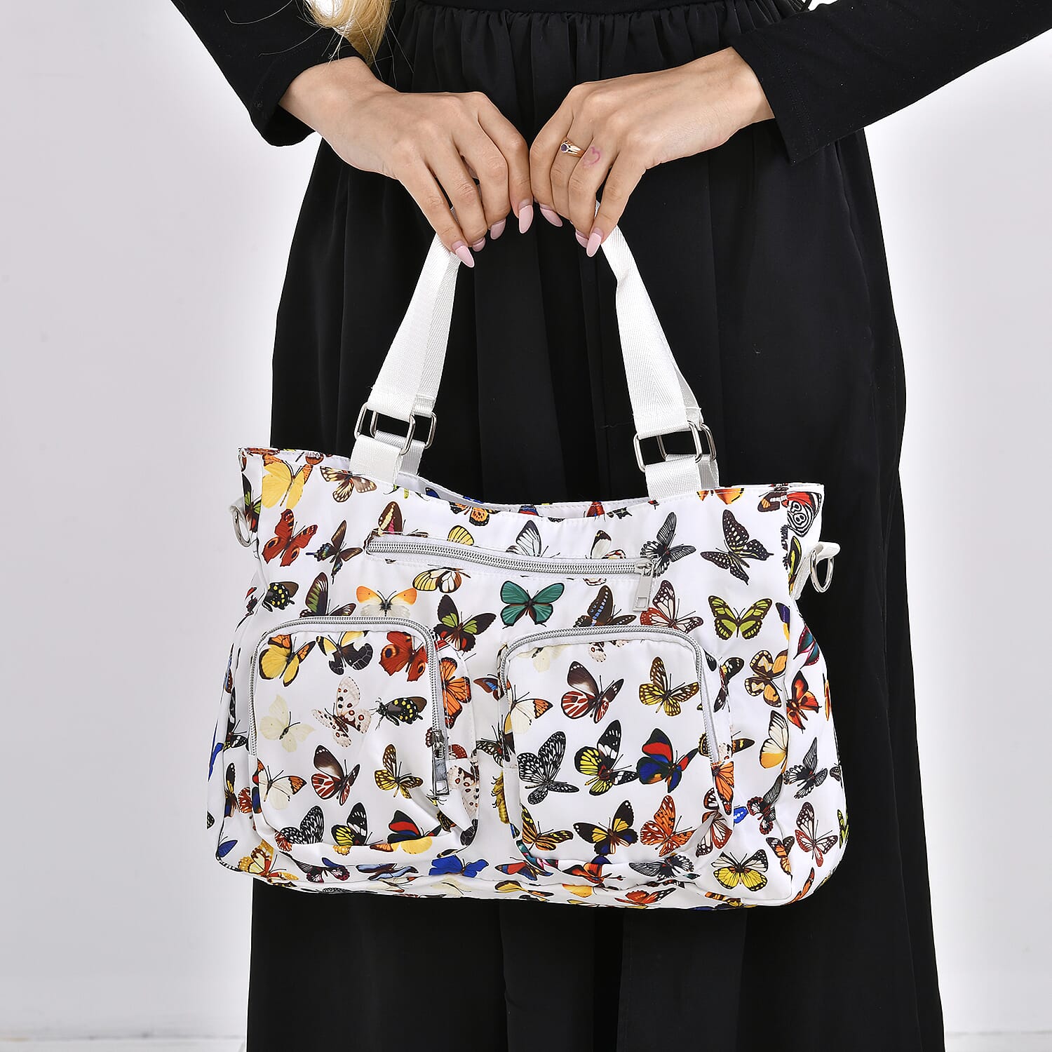 White and Multi Butterfly Pattern CrossBody Bag For Women with Handle Drop Zipper Closure and Detachable Adjustable Shoulder Strap (14.6x3.9x10.6)