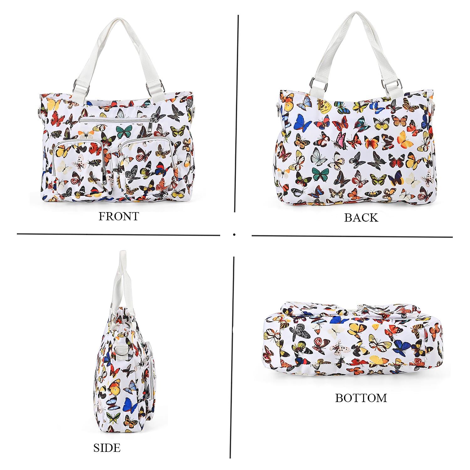 White and Multi Butterfly Pattern CrossBody Bag For Women with Handle Drop Zipper Closure and Detachable Adjustable Shoulder Strap (14.6x3.9x10.6)