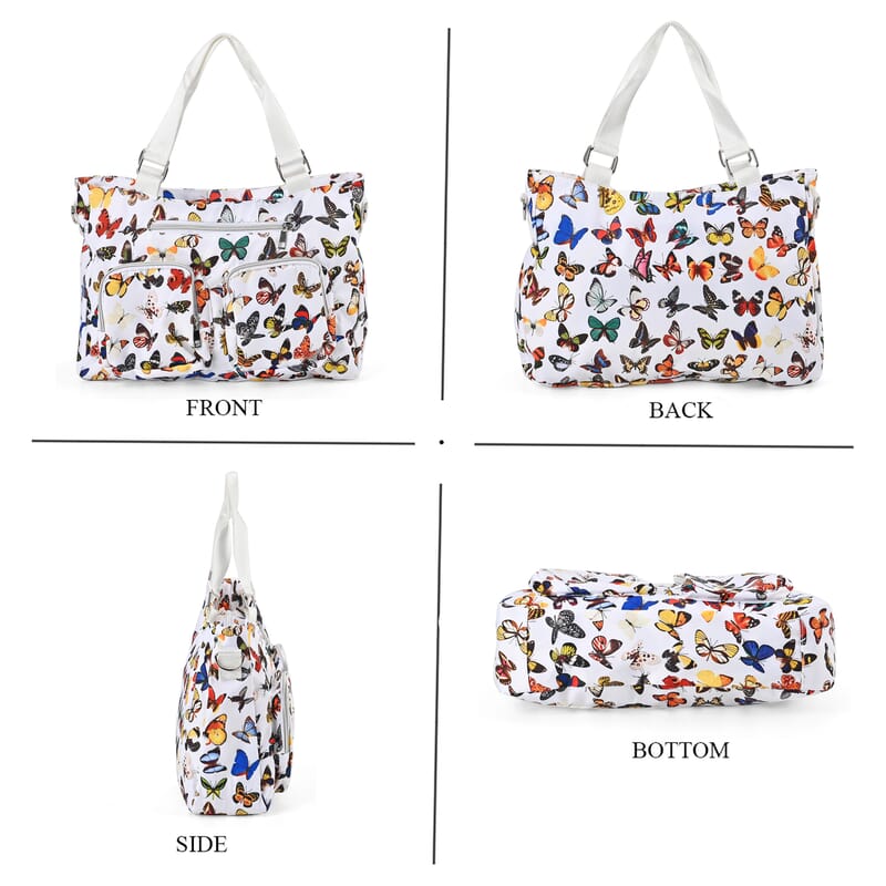 White and Multi Butterfly Pattern CrossBody Bag For Women with Handle Drop Zipper Closure and Detachable Adjustable Shoulder Strap (14.6x3.9x10.6)
