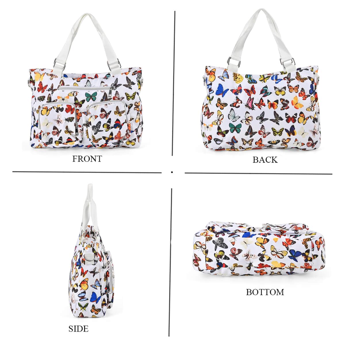 White and Multi Butterfly Pattern CrossBody Bag (14.6"x3.9"x10.6") with Handle Drop and Shoulder Strap (50.8") image number 3