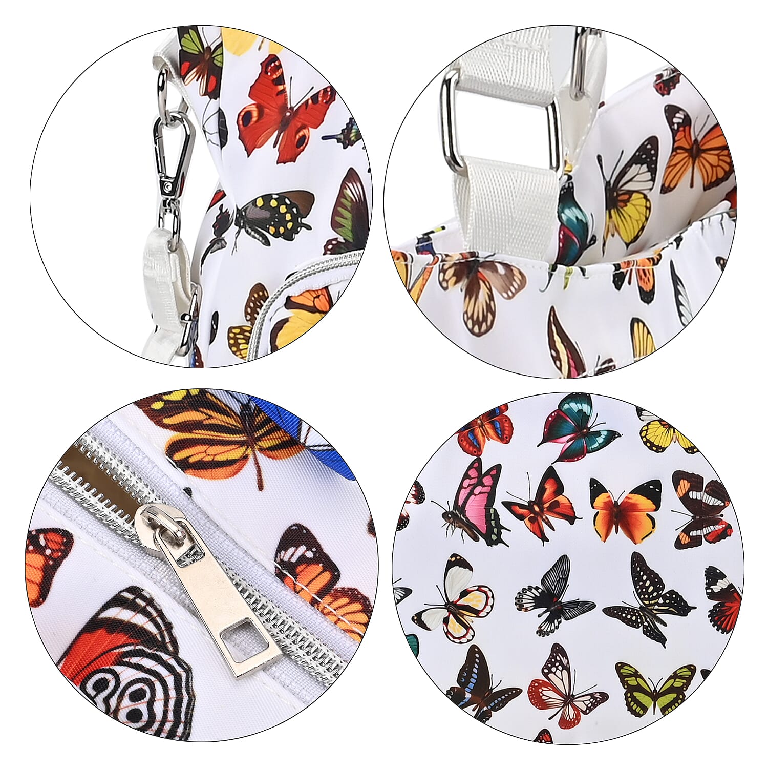 White and Multi Butterfly Pattern CrossBody Bag For Women with Handle Drop Zipper Closure and Detachable Adjustable Shoulder Strap (14.6x3.9x10.6)