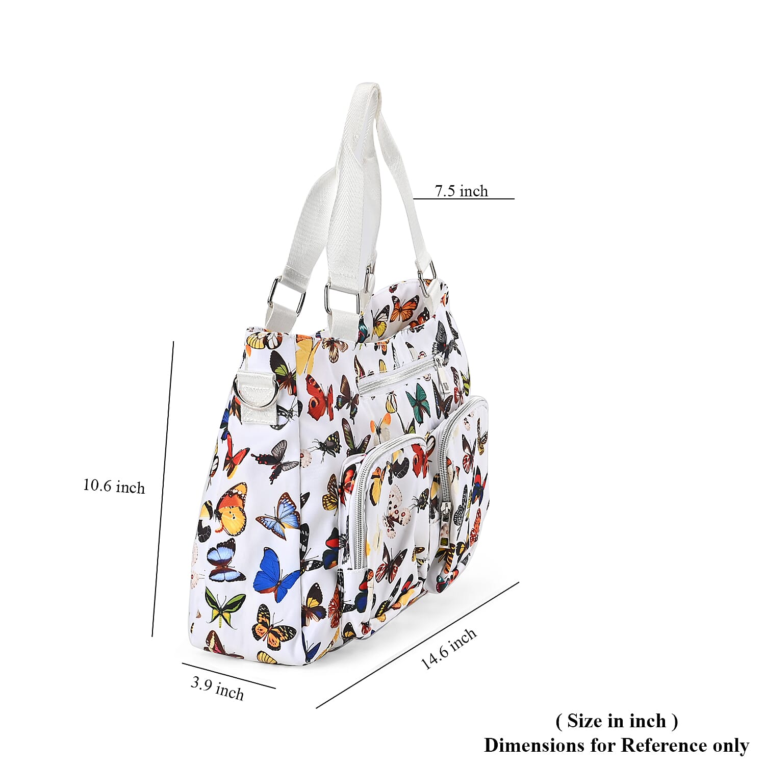 White and Multi Butterfly Pattern CrossBody Bag For Women with Handle Drop Zipper Closure and Detachable Adjustable Shoulder Strap (14.6x3.9x10.6)