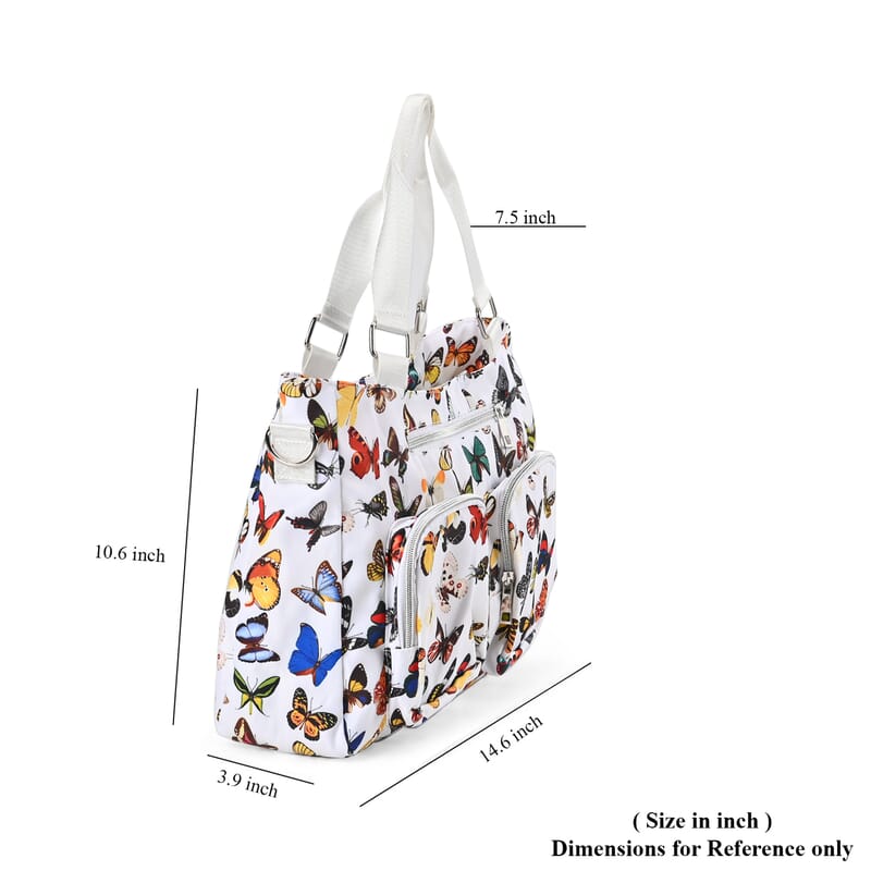 White and Multi Butterfly Pattern CrossBody Bag For Women with Handle Drop Zipper Closure and Detachable Adjustable Shoulder Strap (14.6x3.9x10.6)
