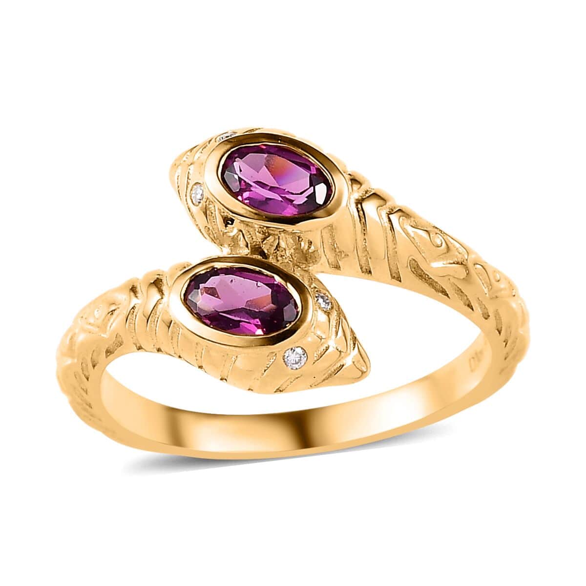 Purple Garnet and Moissanite Snake Bypass Ring in Vermeil Yellow Gold Over Sterling Silver (Size 10.0) 0.60 ctw image number 0