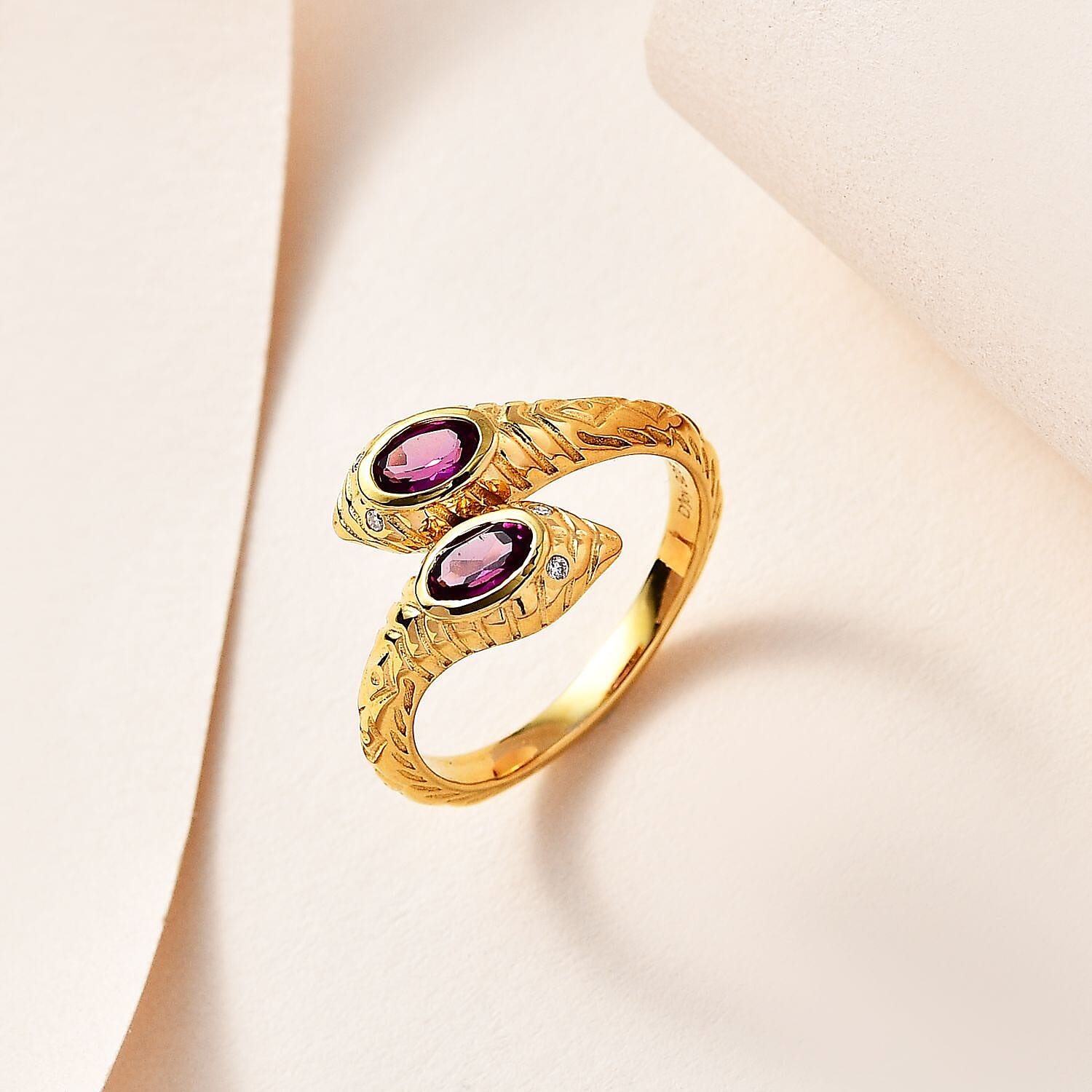 Purple Garnet and Moissanite Snake Bypass Ring in Vermeil Yellow Gold Over Sterling Silver (Size 10.0) 0.60 ctw