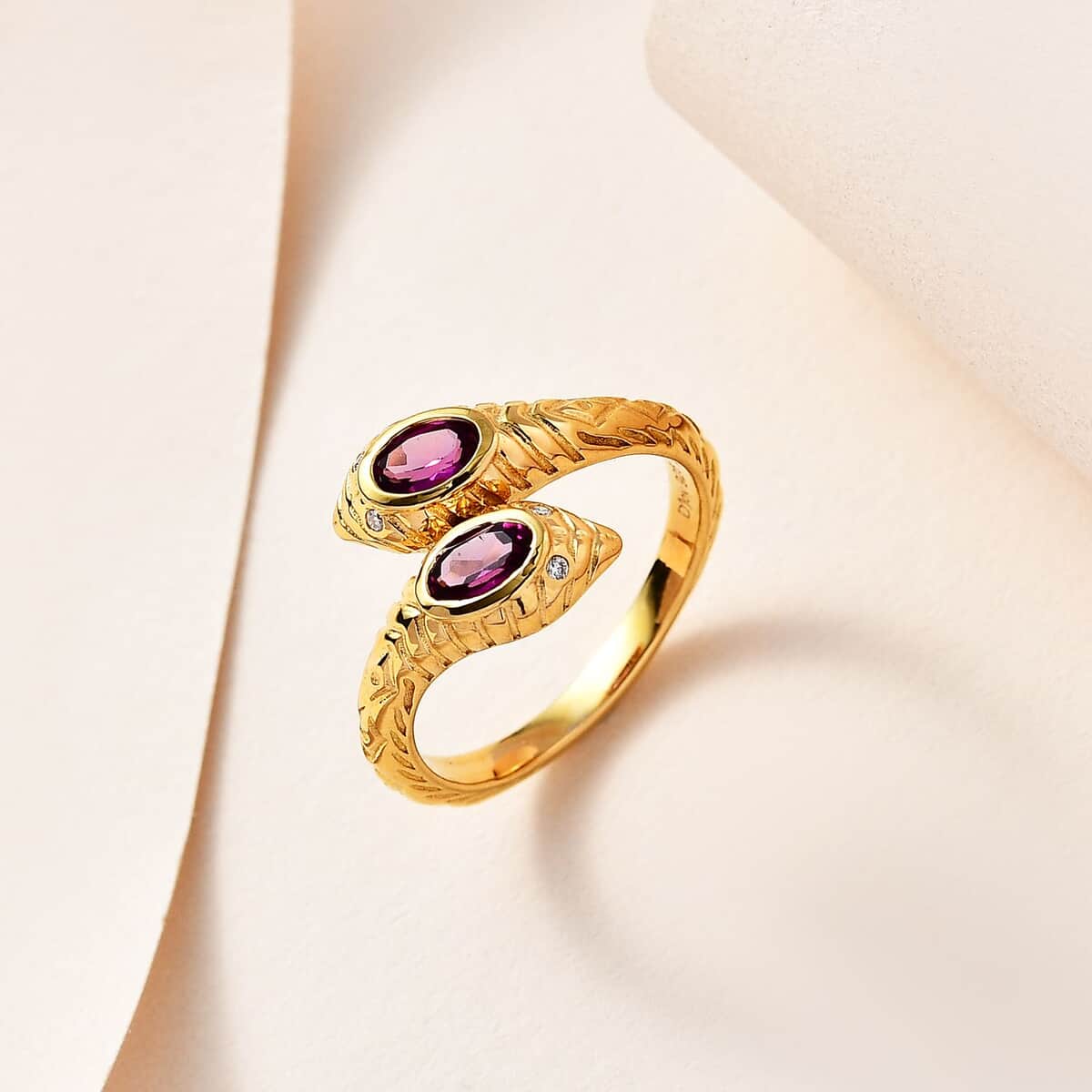 Purple Garnet and Moissanite Snake Bypass Ring in Vermeil Yellow Gold Over Sterling Silver (Size 10.0) 0.60 ctw image number 1