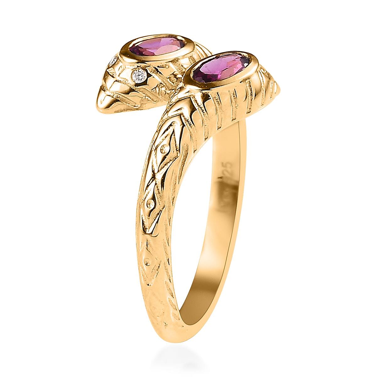 Purple Garnet and Moissanite Snake Bypass Ring in Vermeil Yellow Gold Over Sterling Silver (Size 10.0) 0.60 ctw