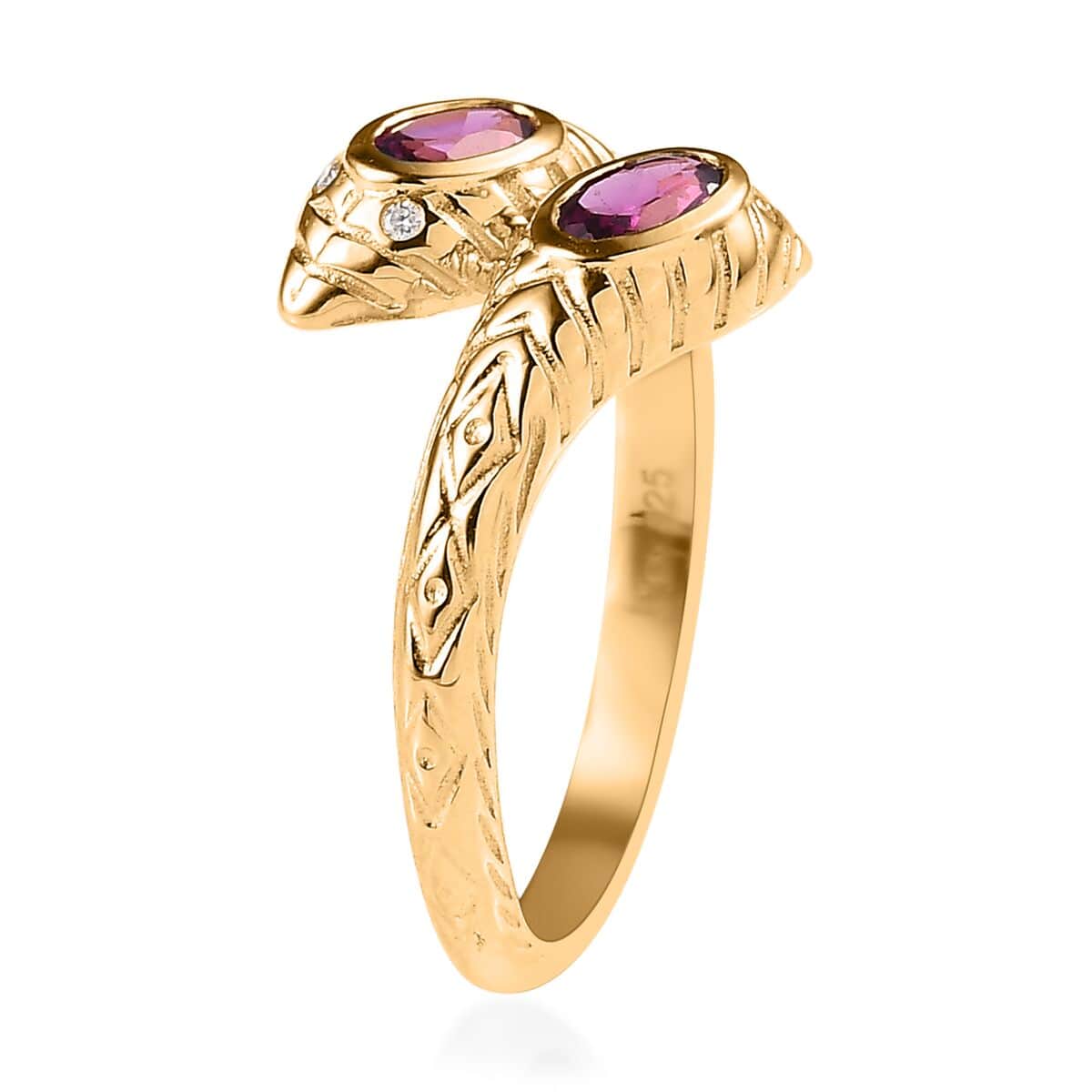 Purple Garnet and Moissanite Snake Bypass Ring in Vermeil Yellow Gold Over Sterling Silver (Size 10.0) 0.60 ctw image number 3