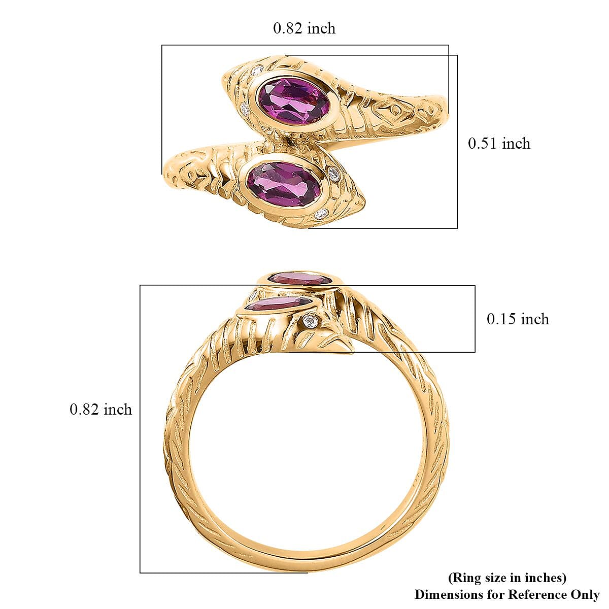 Purple Garnet and Moissanite Snake Bypass Ring in Vermeil Yellow Gold Over Sterling Silver (Size 10.0) 0.60 ctw