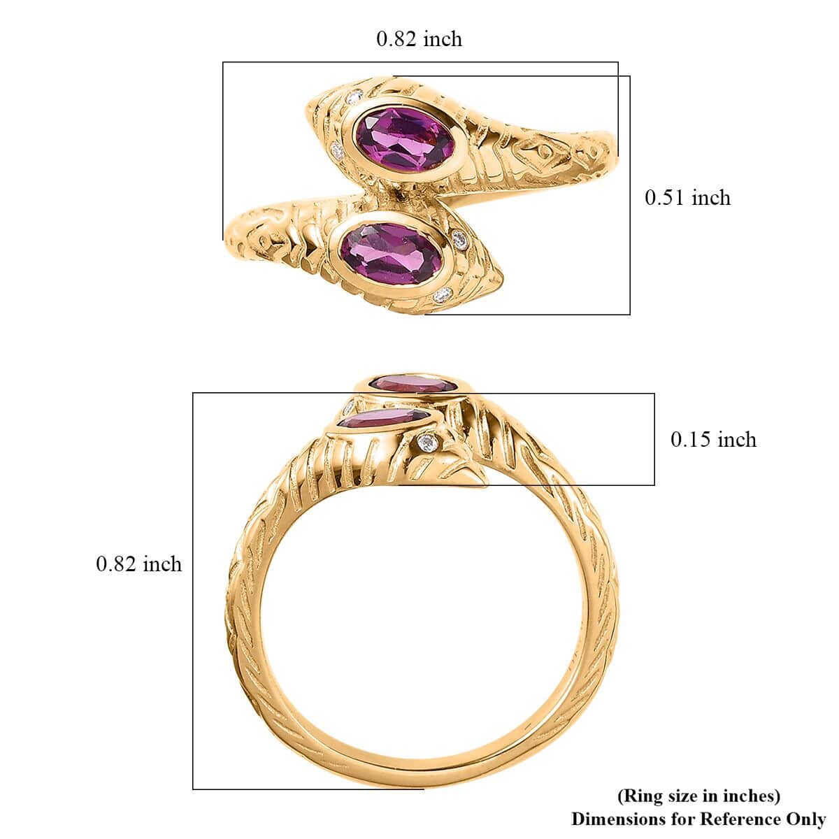 Purple Garnet and Moissanite Snake Bypass Ring in Vermeil Yellow Gold Over Sterling Silver (Size 10.0) 0.60 ctw image number 5
