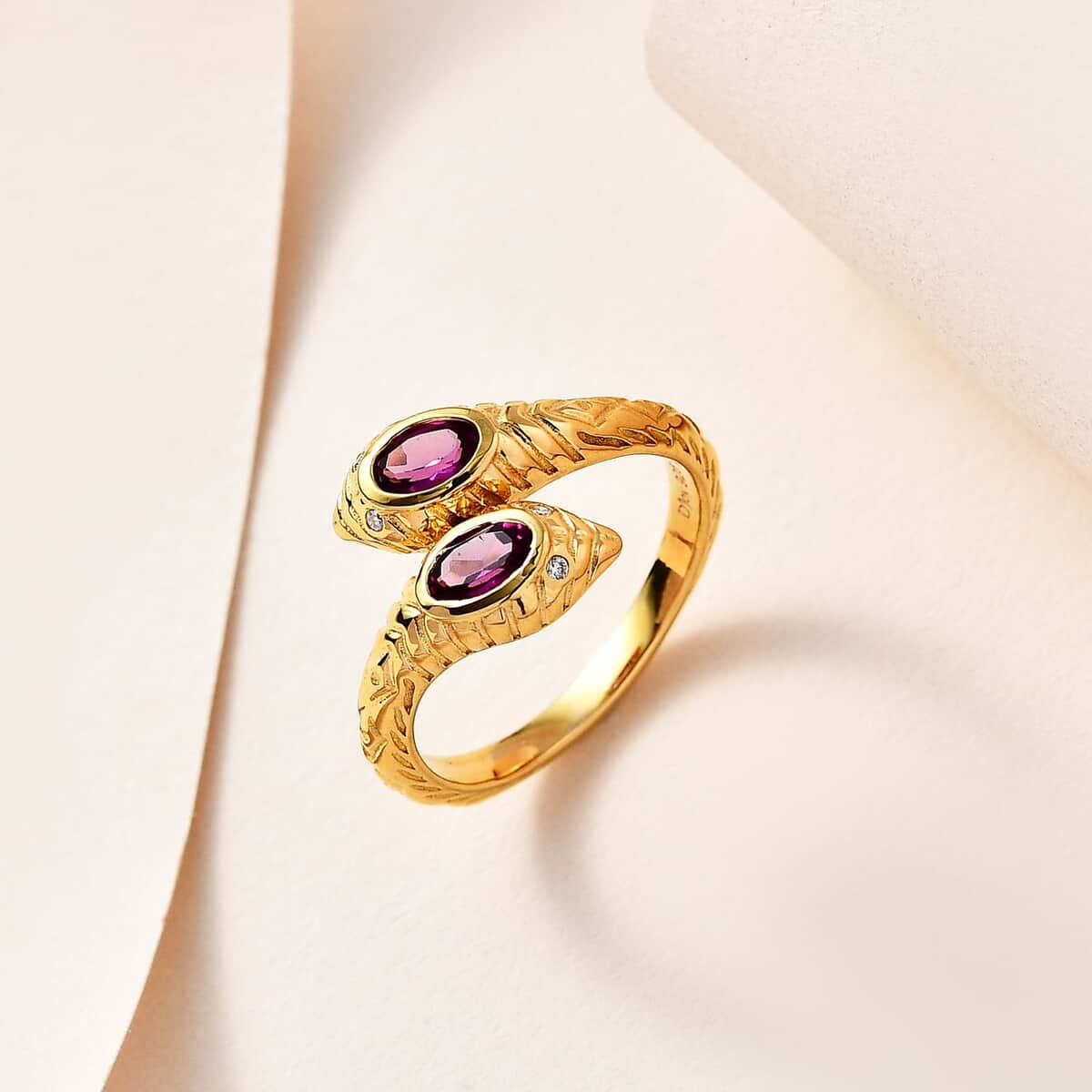 Purple Garnet and Moissanite Snake Bypass Ring in Vermeil Yellow Gold Over Sterling Silver (Size 6.0) 0.60 ctw image number 1