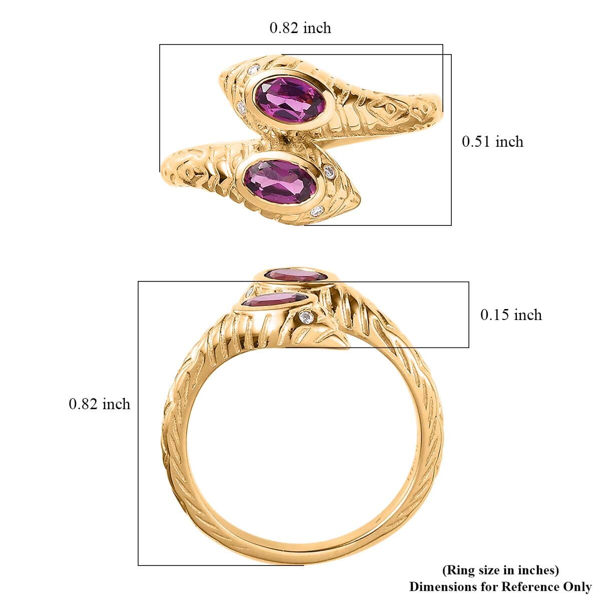 Purple Garnet and Moissanite Snake Bypass Ring in Vermeil Yellow Gold Over Sterling Silver (Size 6.0) 0.60 ctw image number 5