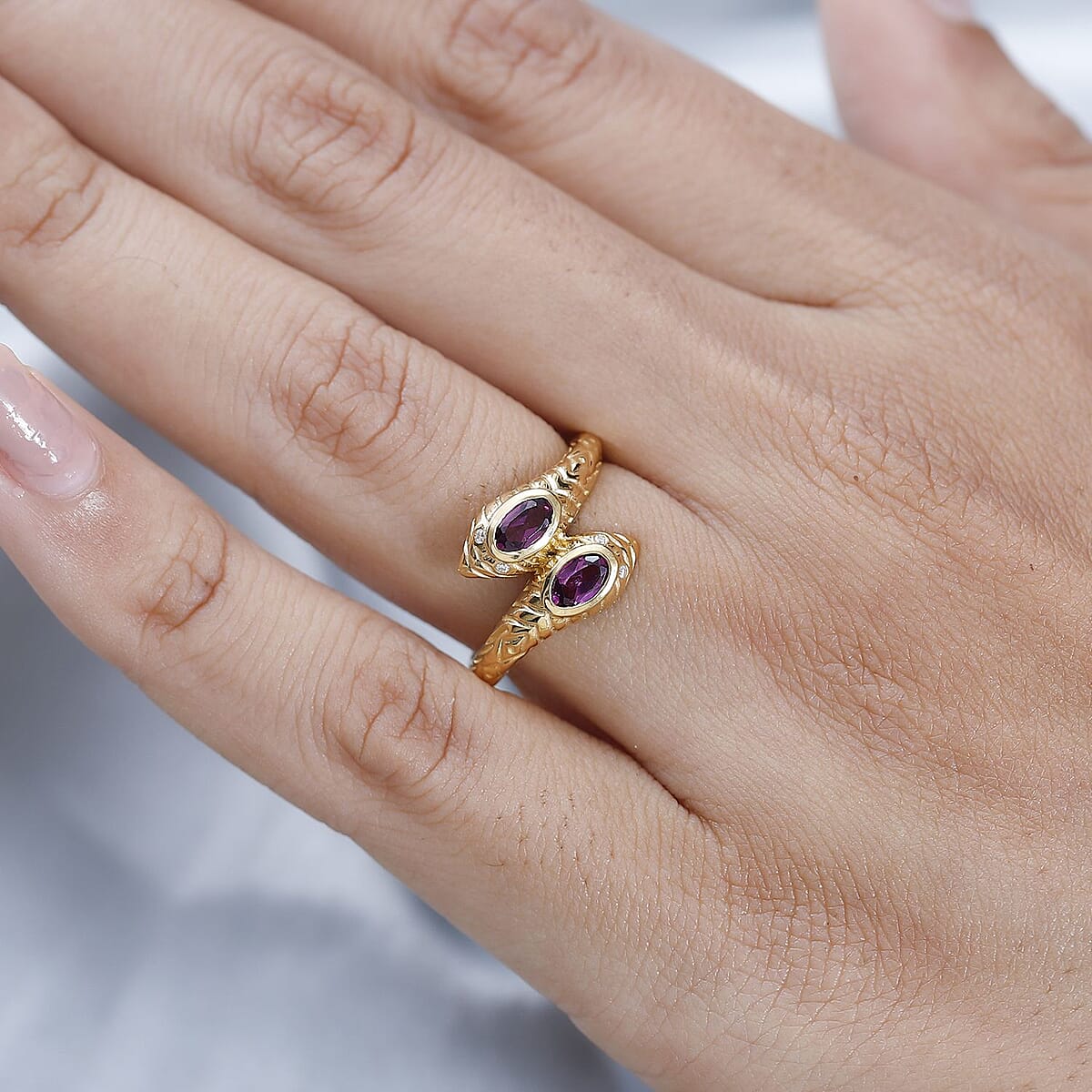 Purple Garnet and Moissanite Snake Bypass Ring in Vermeil Yellow Gold Over Sterling Silver (Size 9.0) 0.60 ctw image number 2