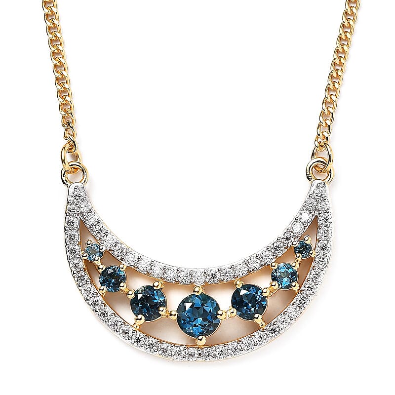 London Blue Topaz and Moissanite Celestial Crescent Moon Necklace 18 Inches in Vermeil Yellow Gold Over Sterling Silver 2.70 ctw