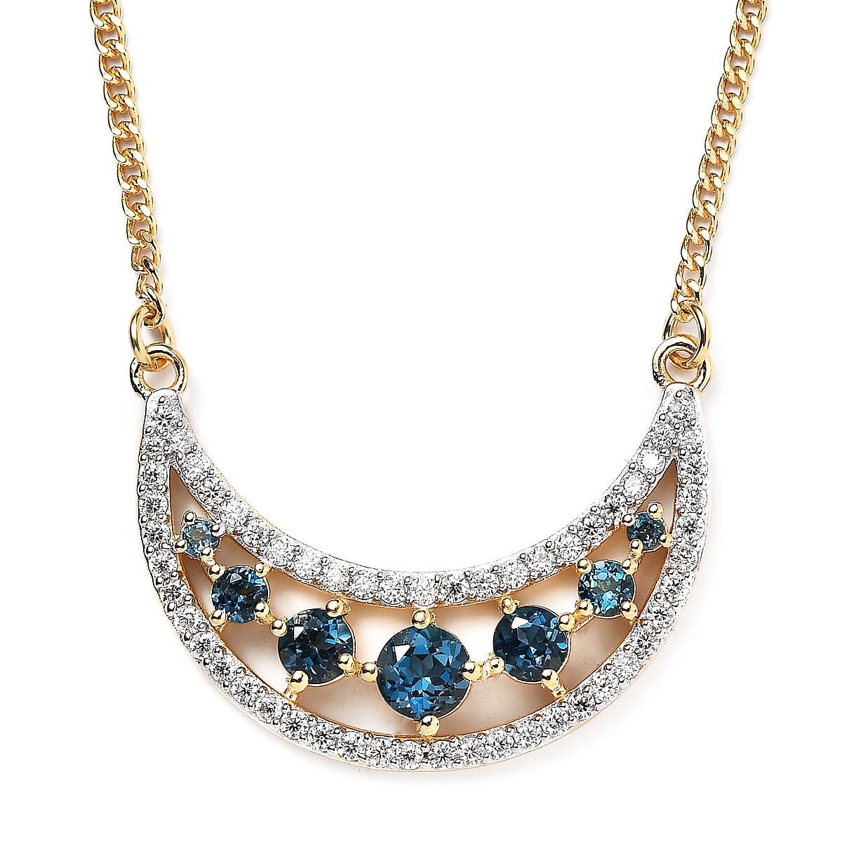 London Blue Topaz and Moissanite Celestial Crescent Moon Necklace 18 Inches in Vermeil Yellow Gold Over Sterling Silver 2.70 ctw image number 0