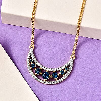 London Blue Topaz and Moissanite Celestial Crescent Moon Necklace 18 Inches in Vermeil Yellow Gold Over Sterling Silver 2.70 ctw